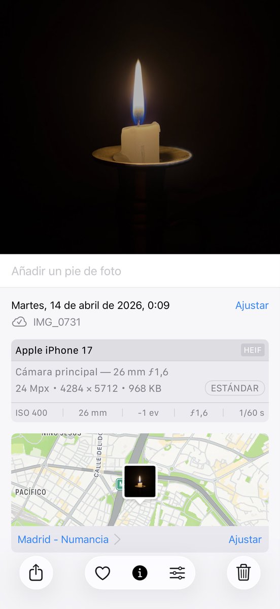 joseagagliardip's tweet image. José Antonio Gagliardi Portela 
      ( Fotógrafo Aficionado )

Martes, 14 de abril de 2026, 0:09

 IMG 0731

Apple iPhone 17
Cámara principal - 26 mm f1,6

24 Mpx • 4284 × 5712 • 968 KB

ISO400   26mm   -1ev   f1,6   1/60s

#josegagliardi 
#vela 
#todayatapple