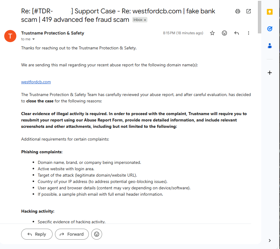 mugu_reporter's tweet image. So @ICANN here is another fake bank scam that trustname won't act on

westfordcb[.]com | fake bank scam

abuse reported to them, and then they close the ticket with the template message after 5 days... it doesn't matter how strong the evidence, they won't ever act.

#fraud #scams