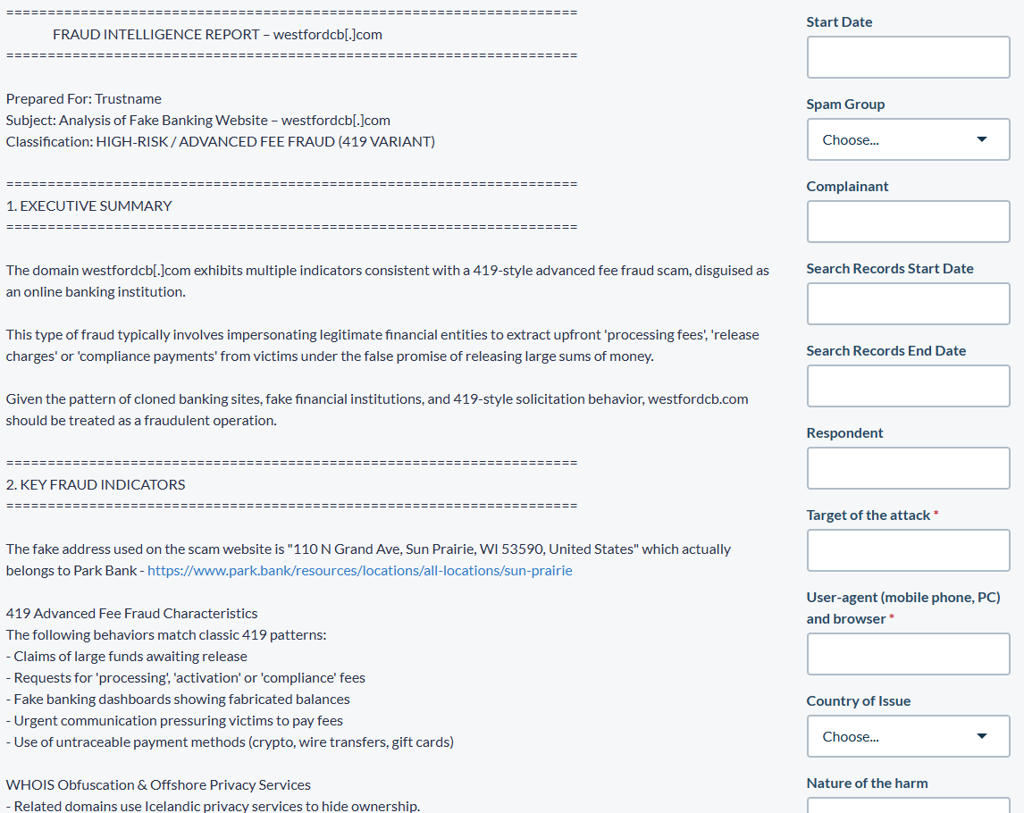 mugu_reporter's tweet image. So @ICANN here is another fake bank scam that trustname won't act on

westfordcb[.]com | fake bank scam

abuse reported to them, and then they close the ticket with the template message after 5 days... it doesn't matter how strong the evidence, they won't ever act.

#fraud #scams