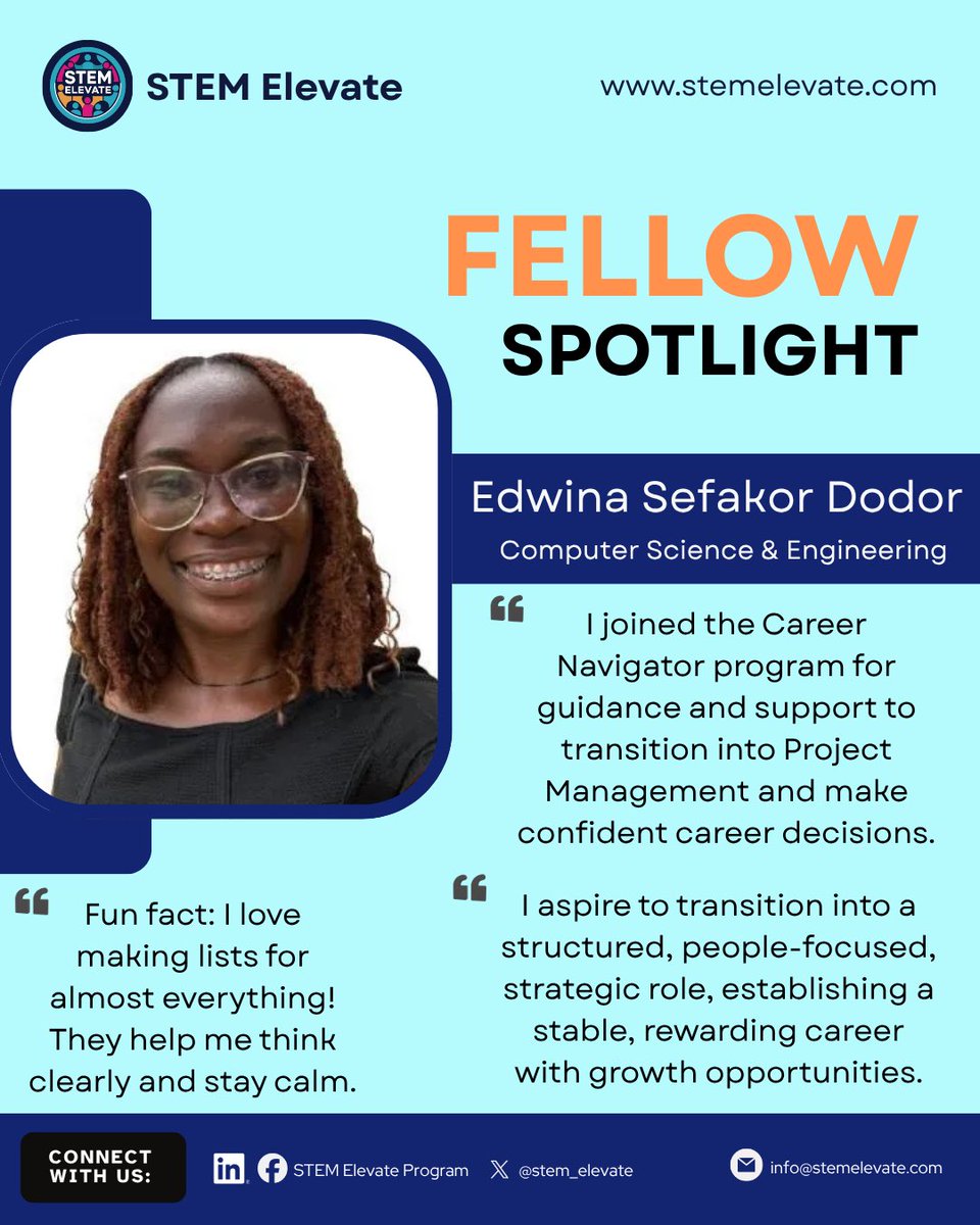 stem_elevate's tweet photo. STEM Elevate Fellow Spotlight!

Meet Edwina Sefakor Dodor, a STEM Elevate Fellow who is excelling in the field of Computer Science &amp; Engineering.

We’re excited to support her as she navigates her path with clarity and purpose.

#STEMElevate #FellowSpotlight #CareerGrowth https://t.co/uei9KLNo7T