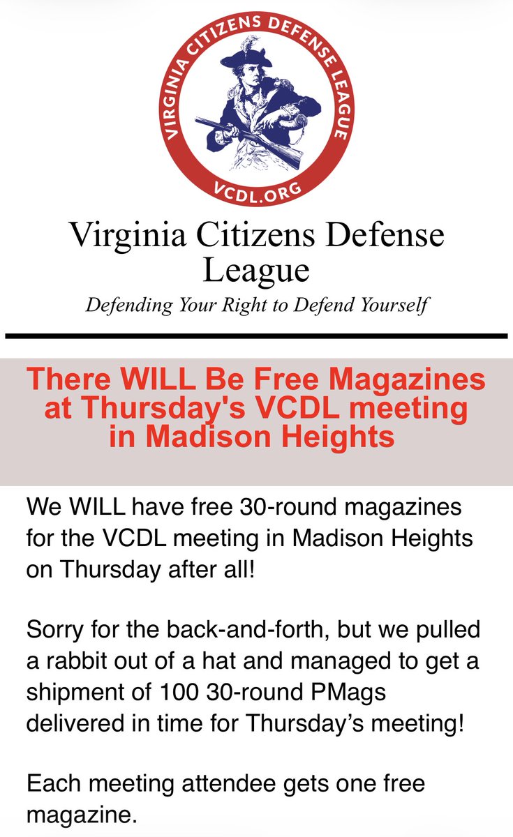 WillesLee's tweet image. VCDL and Magpul making Virginia safer.
#standardcapacity