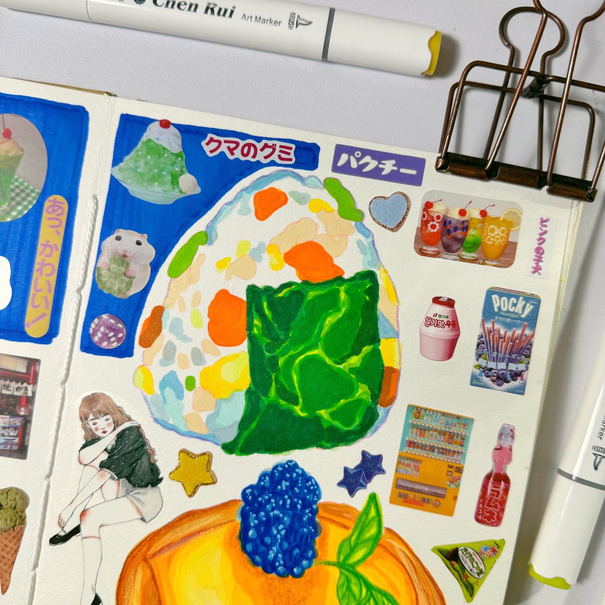 lovunakim's tweet image. Food drawing with Chen Rui marker 🍙🥧✨