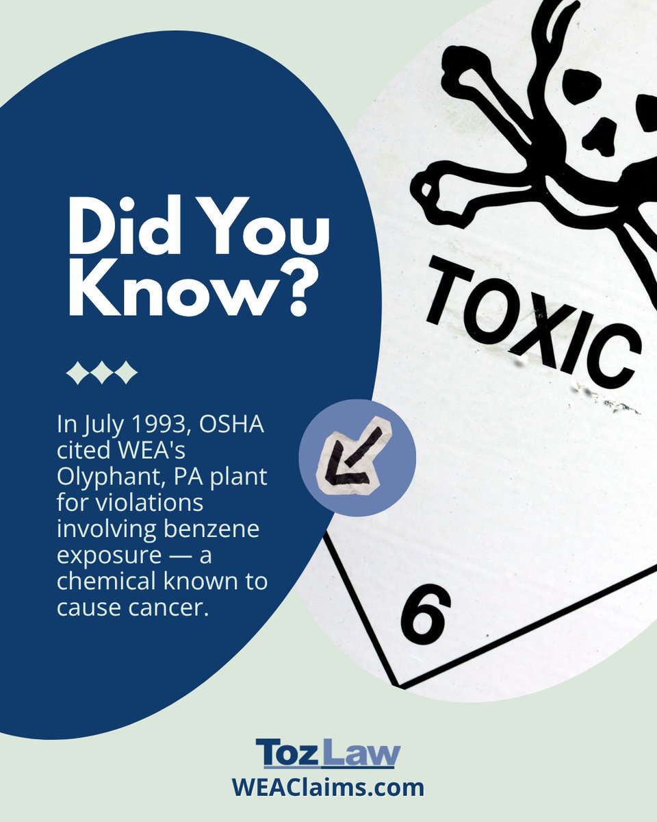 Toz_Law's tweet photo. In July 1993, OSHA cited WEA's Olyphant, PA plant for violations involving benzene exposure. 
-50 employees were reportedly exposed
-Originally classified as “serious”, it was later downgraded during settlement
Call TozLaw.
https://t.co/IO3gJzPXa1 #Scranton #PA #lackawannaCounty https://t.co/K78UCkZMTL