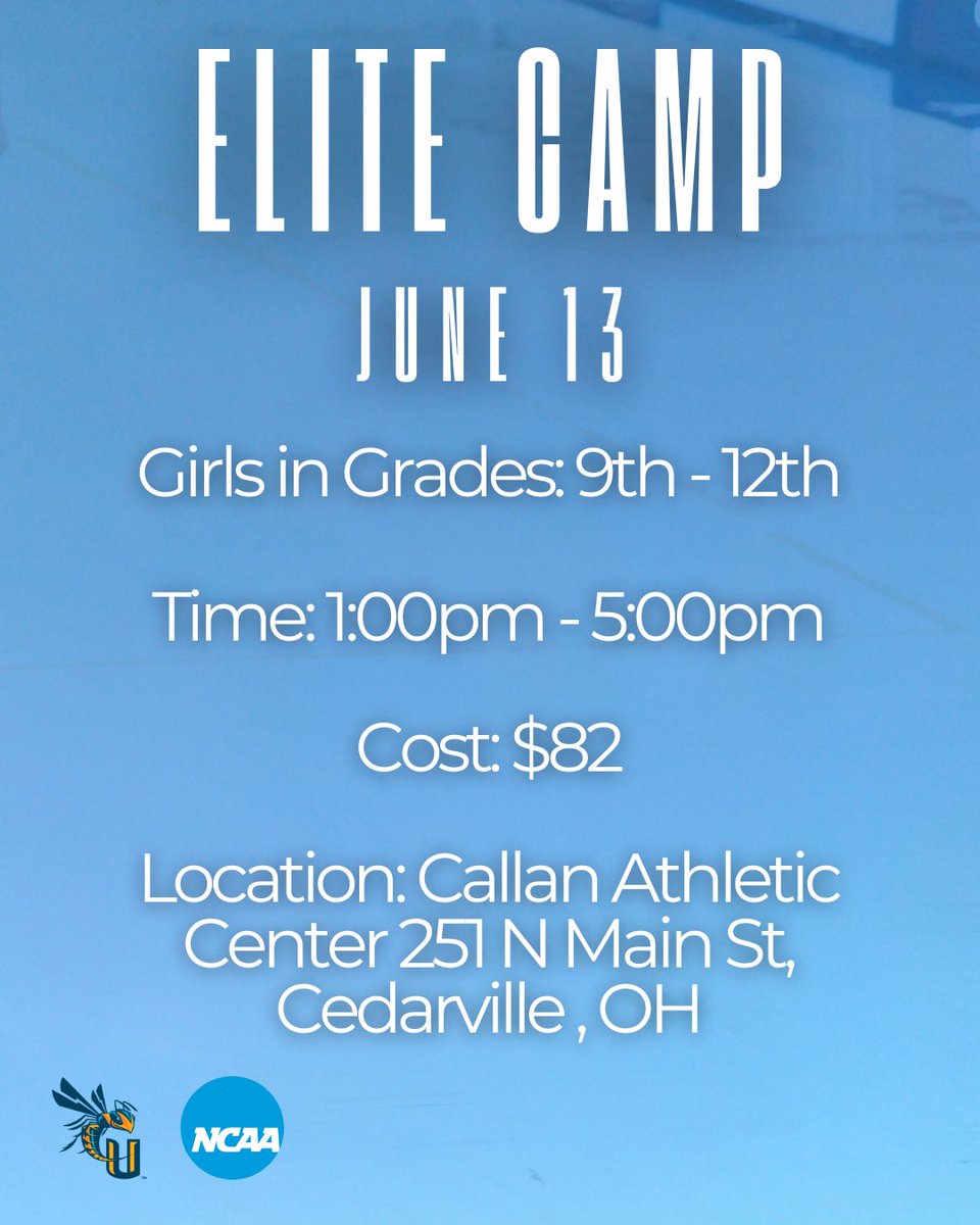CedarvilleWBB's tweet photo. Elite Camp is getting closer ⏳🏀 
Details in the 🔗 below!

https://t.co/6EWSWmK0TA

#CedarvilleWBB | #StingEm🐝 | #summercamps | #summerbasketballcamp https://t.co/xB5BTOlZcg
