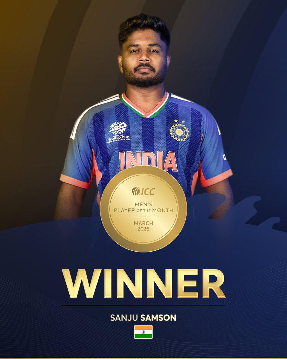 ICC's tweet photo. Player of the tournament at the #T20WorldCup, Sanju Samson walks away with the ICC Men’s Player of the Month for March 2026 laurel 👏

More ➡️ https://t.co/tduKXz1PLY https://t.co/FVVFsCAaPv