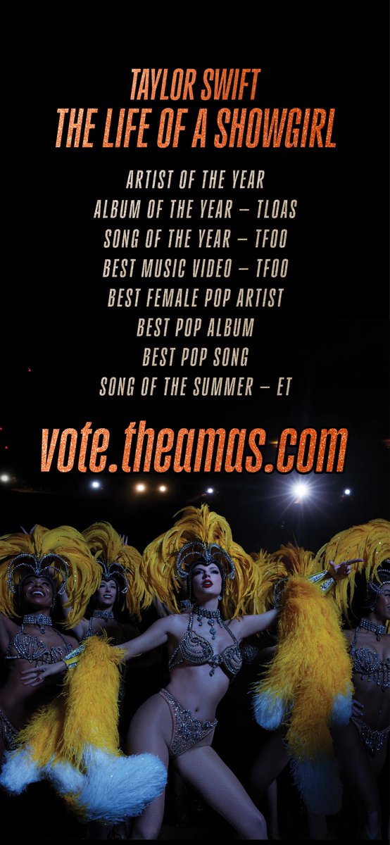 kubaswift's tweet image. ❤️‍🔥Taylor &amp;amp; The Life of a Showgirl are nominated for 8 AMA awards! 🏆

You can vote now at - vote.theamas.com