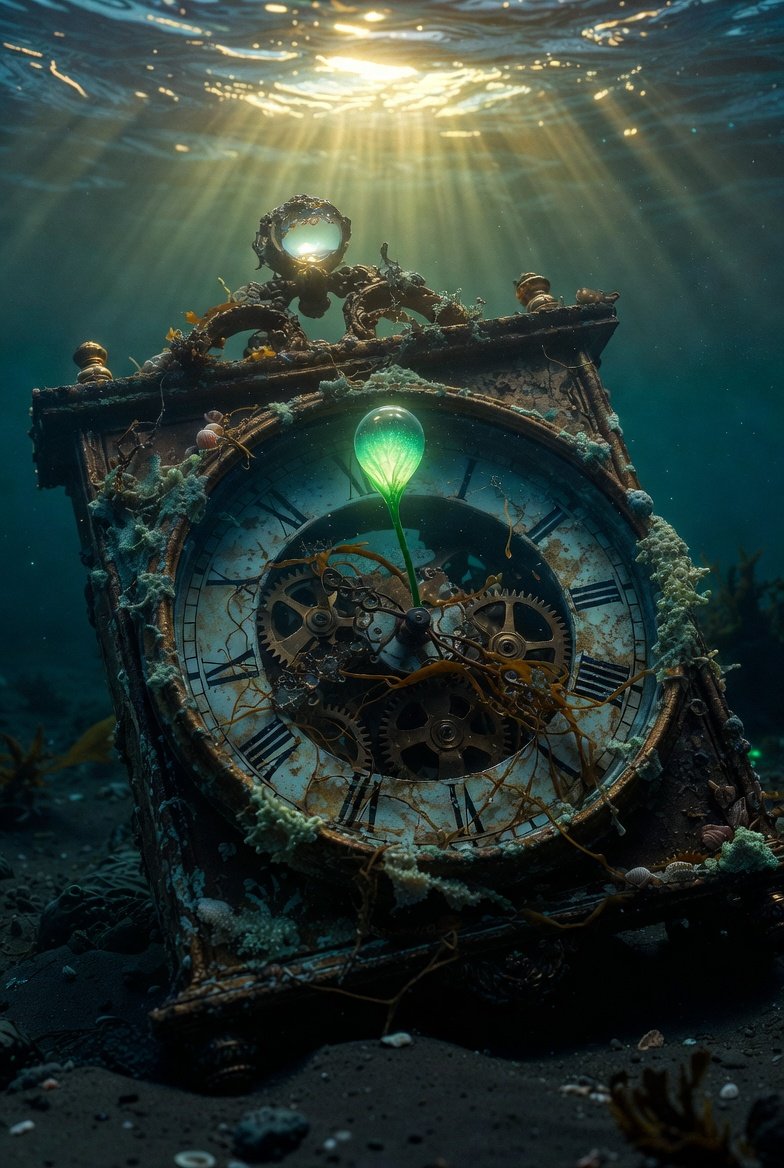 <a href="/BeanieBlossom/">Beanie Blossom</a> same clock, different fate...
mine got lost at sea and started breathing again 🌊✨

Beautiful concept Beanie 😍 

#Promptshare #AIArtistCommunity #AIArtwork