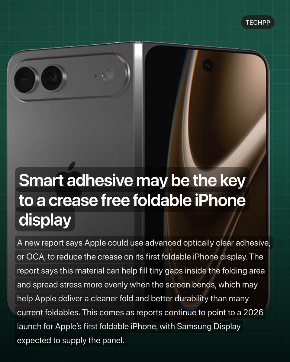 techpp's tweet photo. Smart adhesive may be the key to a crease free foldable iPhone display
#Apple #iPhone #Samsung #Launch #Leak #Smart #iPhoneFold #FoldableiPhone #AppleRumors #DisplayTech #Smartphones #TechNews https://t.co/svhgnZud5l