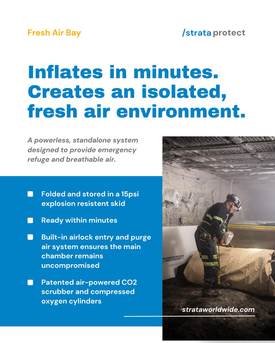 StrataWorldwide's tweet photo. When evacuation isn’t possible, refuge matters. The Strata Fresh Air Bay is a portable, inflatable chamber (deploys in minutes), delivering breathable air in emergencies. Explosion-resistant, sealed, &amp; built to protect workers underground for up to 96 hrs.
https://t.co/cKrGhvZW9N https://t.co/i7Ix0JtSL8