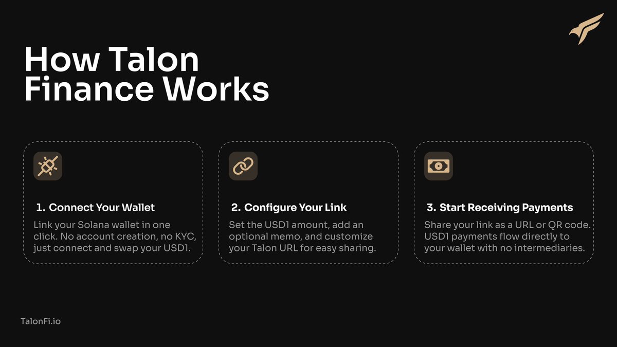 TalonFi's tweet photo. Supply is one thing. Real distribution + privacy at scale is everything.   

Here’s exactly how Talon works:
1. Connect your Solana wallet (one click, no KYC)
2. Configure your private Talon Pay link
3. Share the URL or QR code → USD1 flows directly to your wallet, all shielded by default

Stripe-level simplicity. Talon Shield privacy. Built exclusively for USD1 on Solana.    

Making America’s digital dollar usable at scale. 🦅