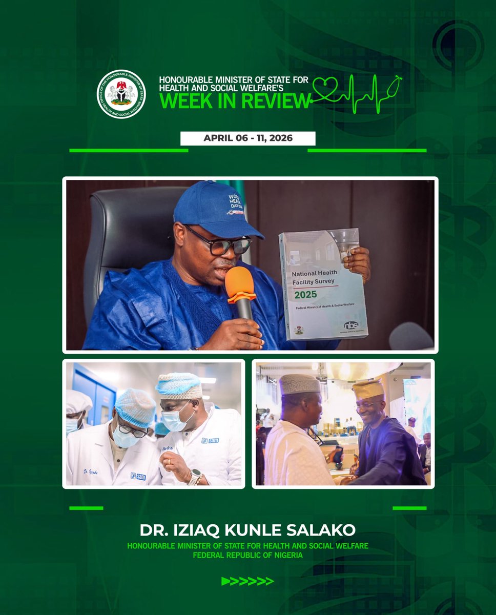 Fmohnigeria's tweet image. Week in Review | April 06–11, 2026

Advancing science-driven health reforms, local pharmaceutical manufacturing, and strategic partnerships to improve healthcare delivery.

• Marked World Health Day 2026, promoting science, data, and collaboration as drivers of Universal Health