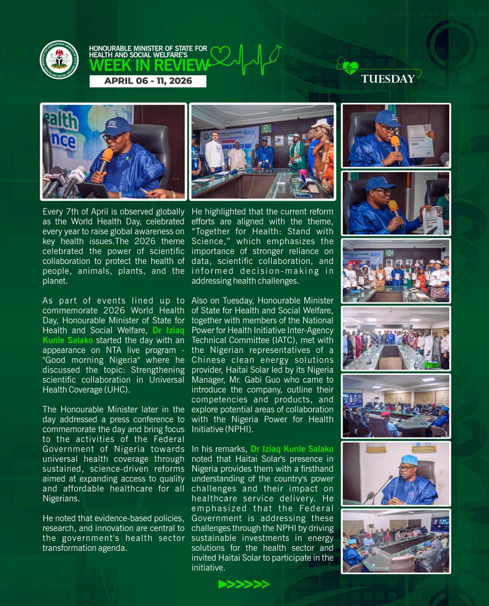Fmohnigeria's tweet image. Week in Review | April 06–11, 2026

Advancing science-driven health reforms, local pharmaceutical manufacturing, and strategic partnerships to improve healthcare delivery.

• Marked World Health Day 2026, promoting science, data, and collaboration as drivers of Universal Health