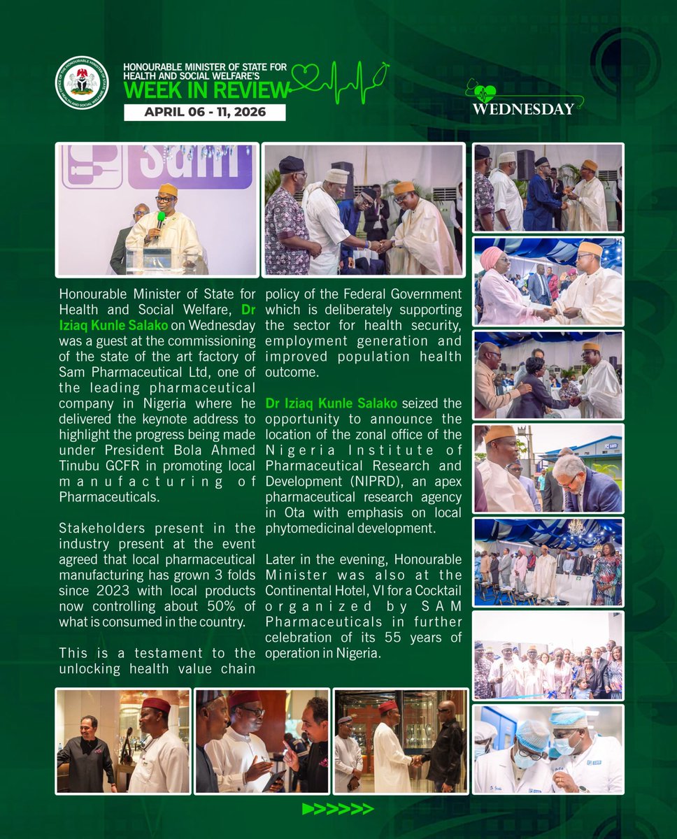Fmohnigeria's tweet image. Week in Review | April 06–11, 2026

Advancing science-driven health reforms, local pharmaceutical manufacturing, and strategic partnerships to improve healthcare delivery.

• Marked World Health Day 2026, promoting science, data, and collaboration as drivers of Universal Health