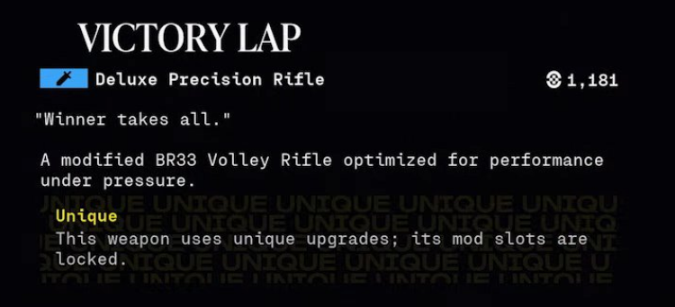 MarathonCodec's tweet image. The Mid-season patch will include 11 NEW Deluxe Unique Weapons, which will have special names like the other Unique Items. #Marathon

One of them is called:
• Victory Lap