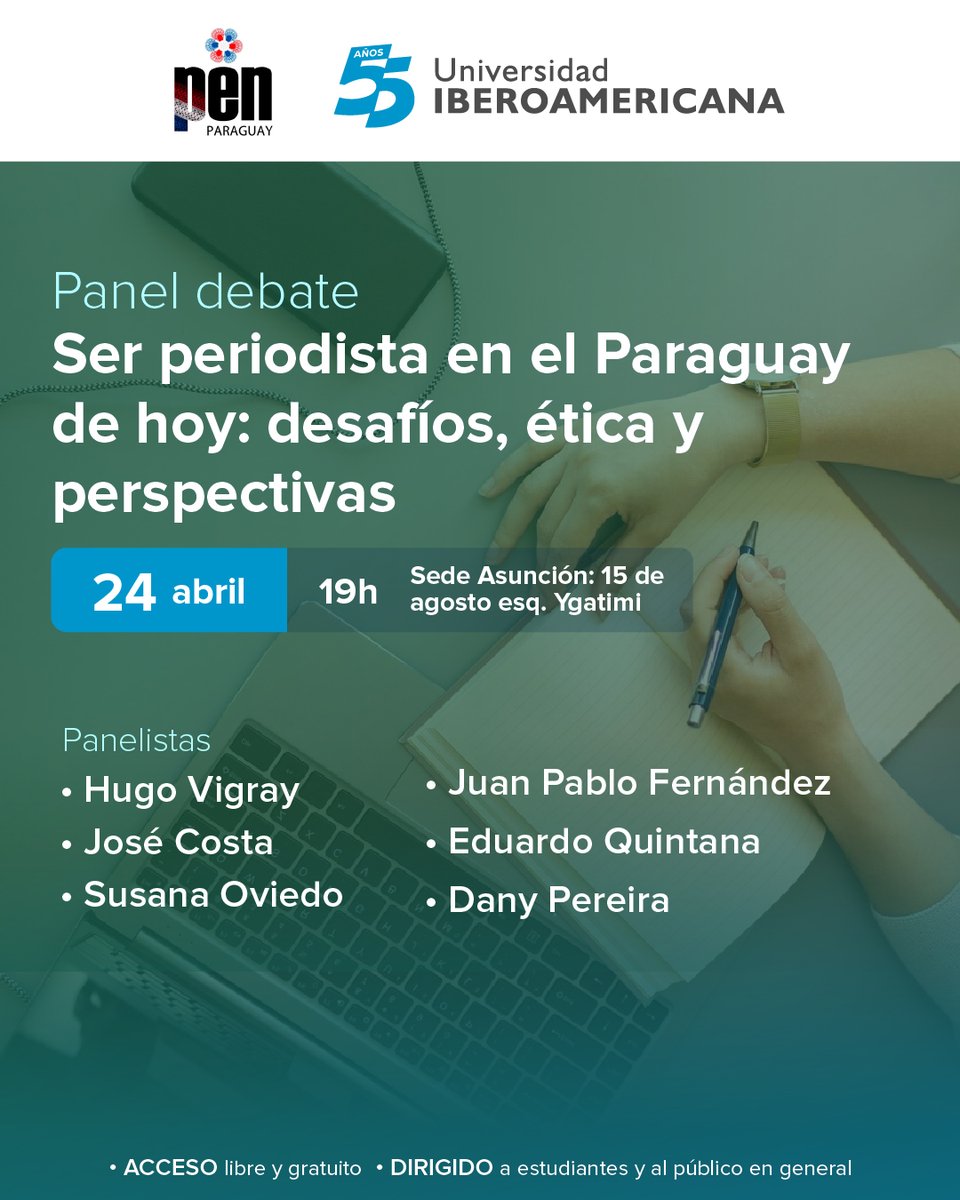 unibepy's tweet image. ¿𝐐𝐮𝐞́ 𝐬𝐢𝐠𝐧𝐢𝐟𝐢𝐜𝐚 𝐬𝐞𝐫 𝐩𝐞𝐫𝐢𝐨𝐝𝐢𝐬𝐭𝐚 𝐡𝐨𝐲 𝐞𝐧 𝐏𝐚𝐫𝐚𝐠𝐮𝐚𝐲? ¡Vení a escucharlo de los que están en la primera línea! Un panel de lujo con
🌟Susana Oviedo
🌟Hugo Vigray
🌟José Costa
🌟Juan Pablo Fernández
🌟Eduardo Quintana 
🌟Dany Pereira.

#UnibePy