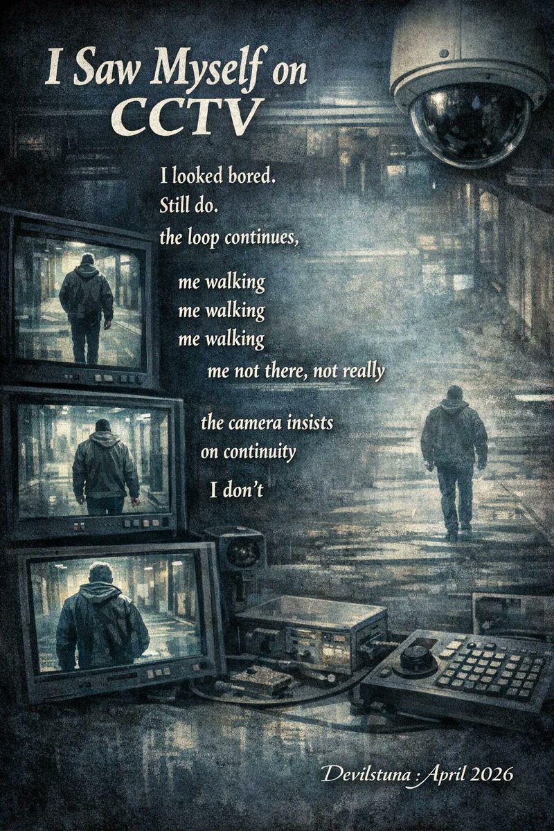 thedevilstuna's tweet image. #vss365

Saw Myself on CCTV

I looked bored.

Still do.

the loop continues,

me walking
        me walking
                  me walking
                            me not there, not really

the camera insists
on continuity

I don’t.

#loop
#poetrycommunity
#writerscommunity