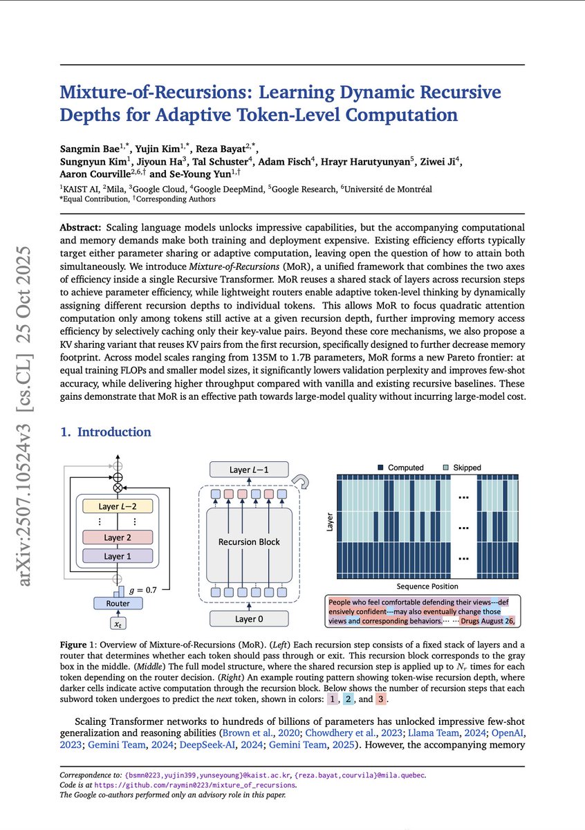 ceobillionaire's tweet image. Mixture-of-Recursions: Learning Dynamic Recursive Depths for Adaptive Token-Level Computation

Bae et al.: arxiv.org/abs/2507.10524

#ArtificialIntelligence #AIAgents #LLM