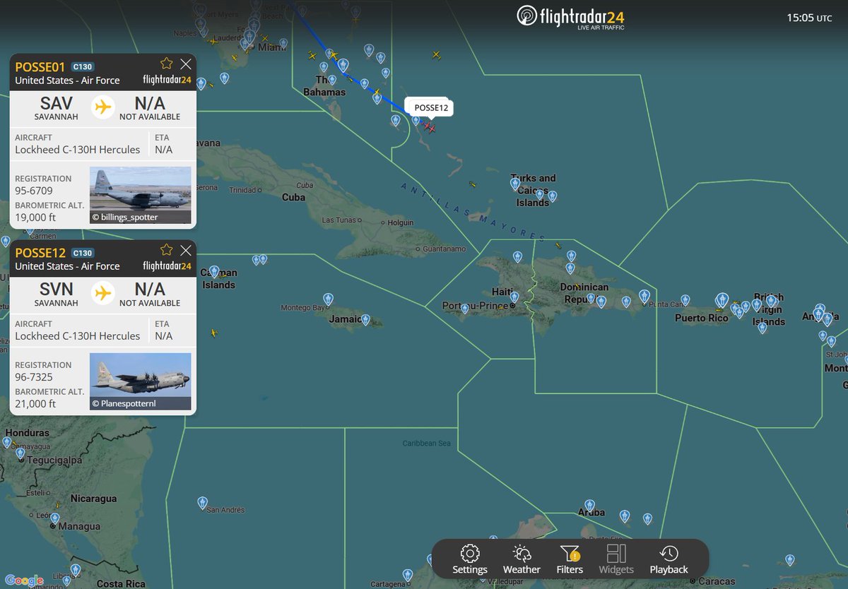 Flightwatcher1's tweet photo. #USAF C-130H Hercules 
Códigos de llamada: POSSE01 y 12
Matrículas: 95-6709 y 96-7325
Hex: #adfdd3 y #adfea5
Desde Hunter Army Airfield con dirección al Caribe. Ha habido entre ayer y hoy un "despertar" en el movimiento logístico hacia el Caribe🤔. Hunter Army Airfield cuenta con muchas unidades de despliegue rápido del ejército incluyendo el 3º Batallón de los 160º SOAR "Night Stalkers"(los que se llevaron a Maduro)🚁🚁
#USArmy #SOUTHCOM #OpSouthernSpear