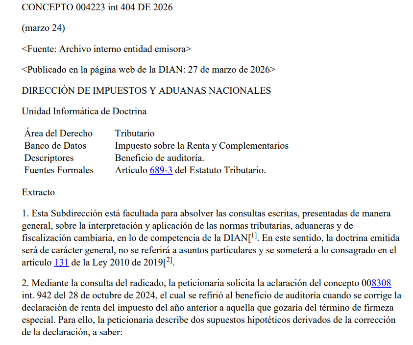 accounterweb's tweet photo. #ActualidadTributaria | Atención contadores 📢

La DIAN, en el Concepto 4223 de 2026, precisa el beneficio de auditoría y la corrección de la declaración del año anterior. Revise su aplicación.

https://t.co/FkTtyHj2GK https://t.co/j6JmMjnpX0