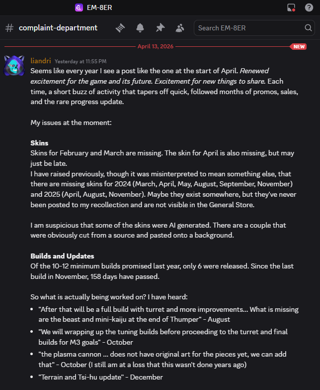 Victummz's tweet photo. Em-8ER backer Liandri calls out Grummz for vague posts and failures to fulfill responsibilities to backers. https://t.co/c43FsLZwkF