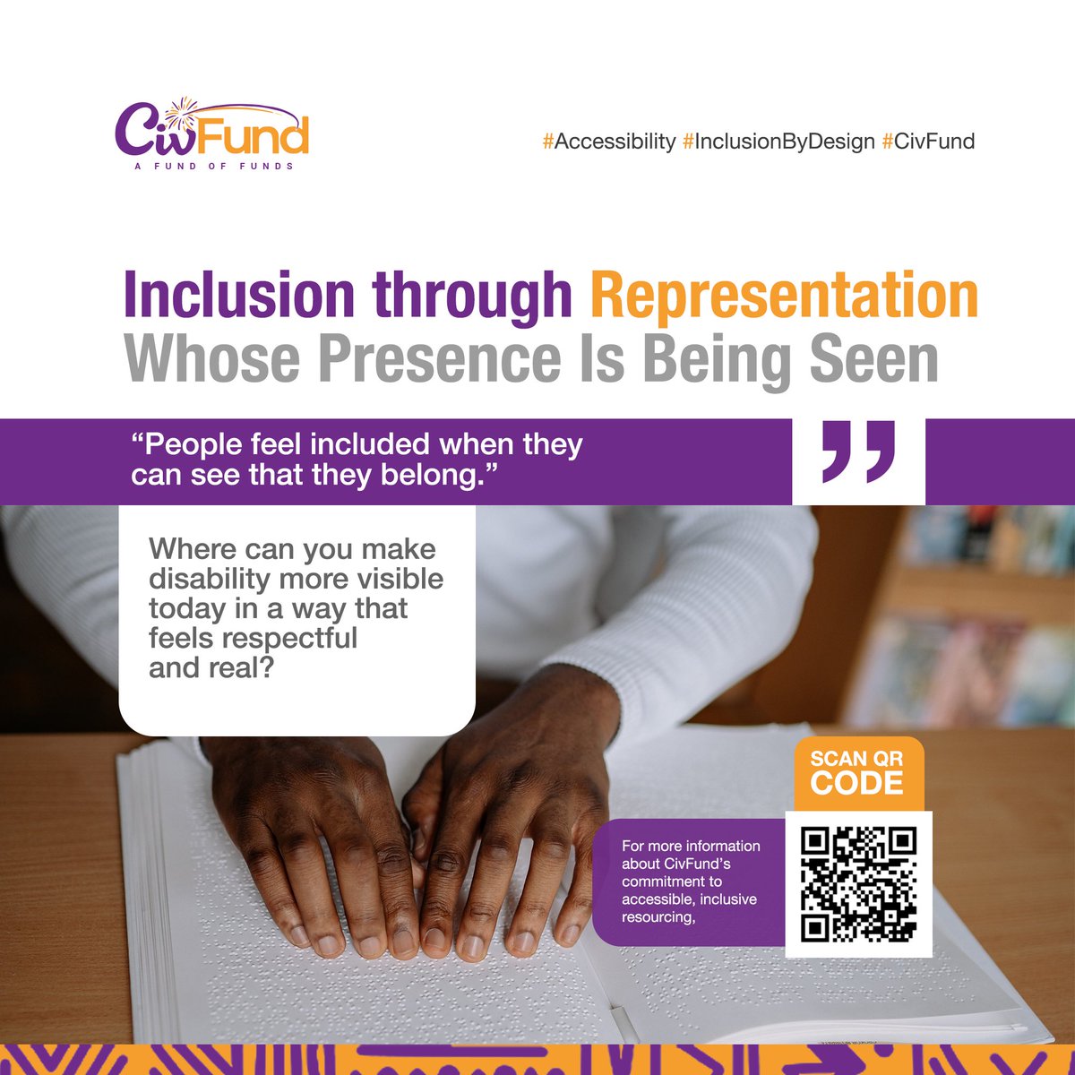 CivFund_'s tweet image. ✍🏾 Inclusion through representation

People feel included when they can see they belong.
⁉️ Where can you make disability more visible today?

🔗 civsourceafrica.com/civfund-1

#DisabilityInclusion