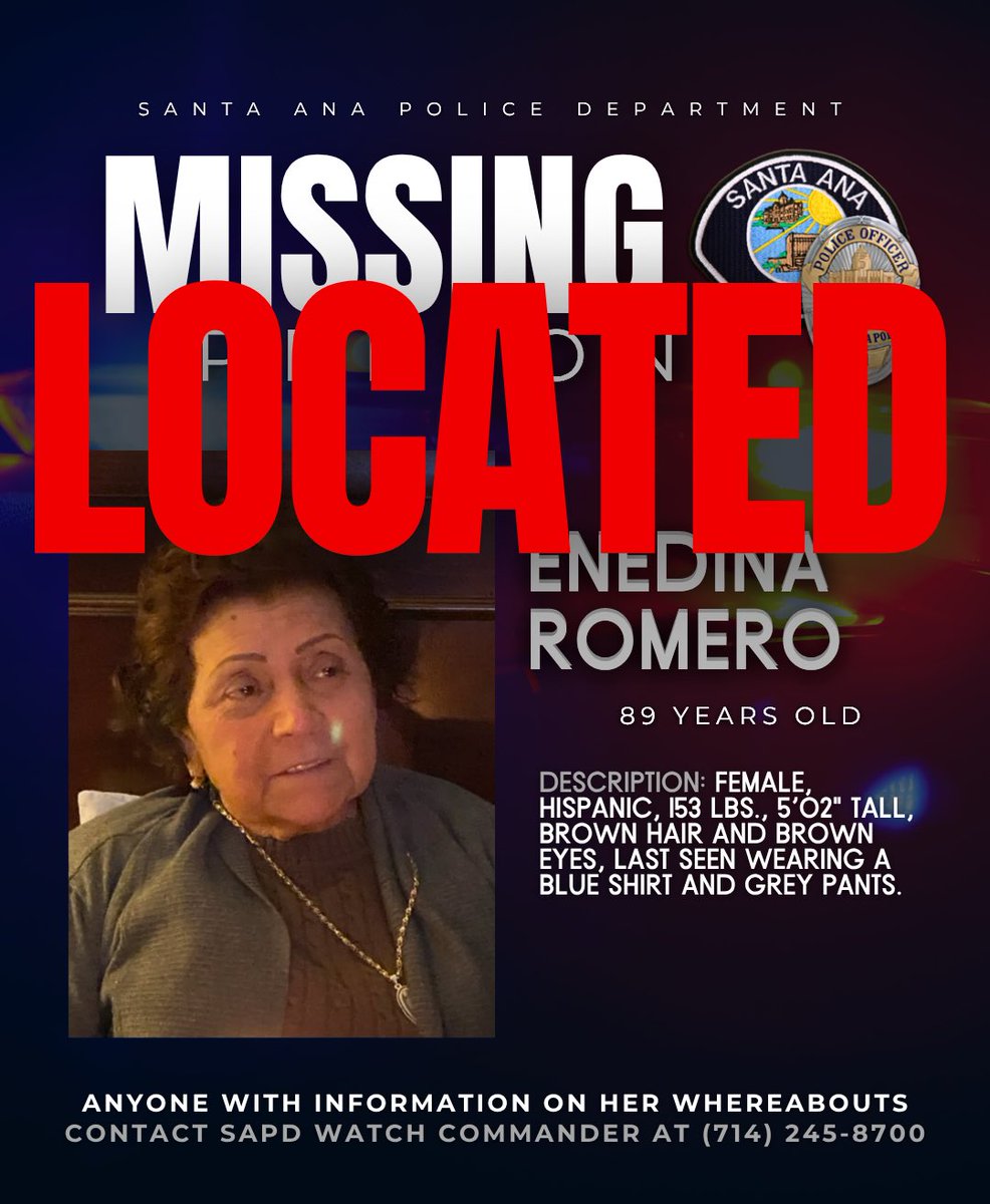 SantaAnaPD's tweet image. UPDATE #SantaAnaPD CRITICAL MISSING PERSON LOCATED

Thank you to a community member who recognized Enedina from our social media post and contacted police. She was found safe and reunited with her family. 🙏🏼