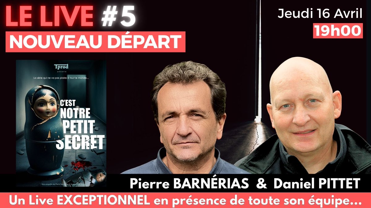 BarneriasPierre's tweet photo. 🚨 LIVE #5 - Saison 2 - C’est Notre Petit Secret -  Épisode 5 - Nouveau Départ
👥 Pierre Barnérias, Daniel Pittet, Antoine Cuisnier, Florent bagues, Patrick Mauroy, Yann Deva
📅 Jeudi 16 Avril à 19h00

▶️ Regarder le live #5:
👉 https://t.co/bQbos3B7UZ

🪆 À l’occasion de la sortie officielle de la saison 2, nous vous donnons un dernier rendez-vous jeudi 16 avril à 19h pour un live spécial avec:
👥 Pierre Barnérias et comme invités exceptionnels Daniel Pittet, Antoine Cuisnier, Florent bagues, Patrick Mauroy, Yann Deva.

🎙️ Coulisses de la série, enjeux, témoignages et échanges en direct.

ℹ️ Comme depuis 40 ans, je m’attache à laisser chaque histoire ouverte sur une note d’espérance, une manière de ne jamais refermer complètement la porte sur ce que l’humain peut encore porter de lumineux, pour cet ultime épisode, j’ai choisi de terminer par une histoire qui touche à l’impensable, un pardon face à l’inacceptable ! Quelque chose qui dépasse parfois l’entendement.

Une fin à la fois déroutante et bouleversante, portée par la force d’un être humain hors du commun, et par ce que la vie peut parfois révéler de plus inattendu.

Parce qu’au fond, sans pardon, il devient difficile d’avancer dans ce monde, quoi qu’on en pense ou quoi qu’on en ait vécu.
Dans cet épisode, Daniel Pittet, violé de 8 à 11 ans, raconte son pardon. Plus qu'un mot, une résurrection.

▶️ Regarder le live du jeudi 16 Avril à 19h:
👉 https://t.co/bQbos3B7UZ

📽️ La saison 2 sur https://t.co/gDMLQ1a5DK:
👉 https://t.co/7Hi9T2Zc7K

🎬 Bande-annonce de la saison 2:
👉 https://t.co/UctjjFkTfW

🌐 Site officiel de la série:
👉 https://t.co/NTmM1fK4ZC

@karlitozero  @Etienne_Chouard  @SentaDepuydt  @WantedPedo  @Lau_Be1  @Pedopolis  @TeamFSociety1  @michel_amas  @thierrycas
