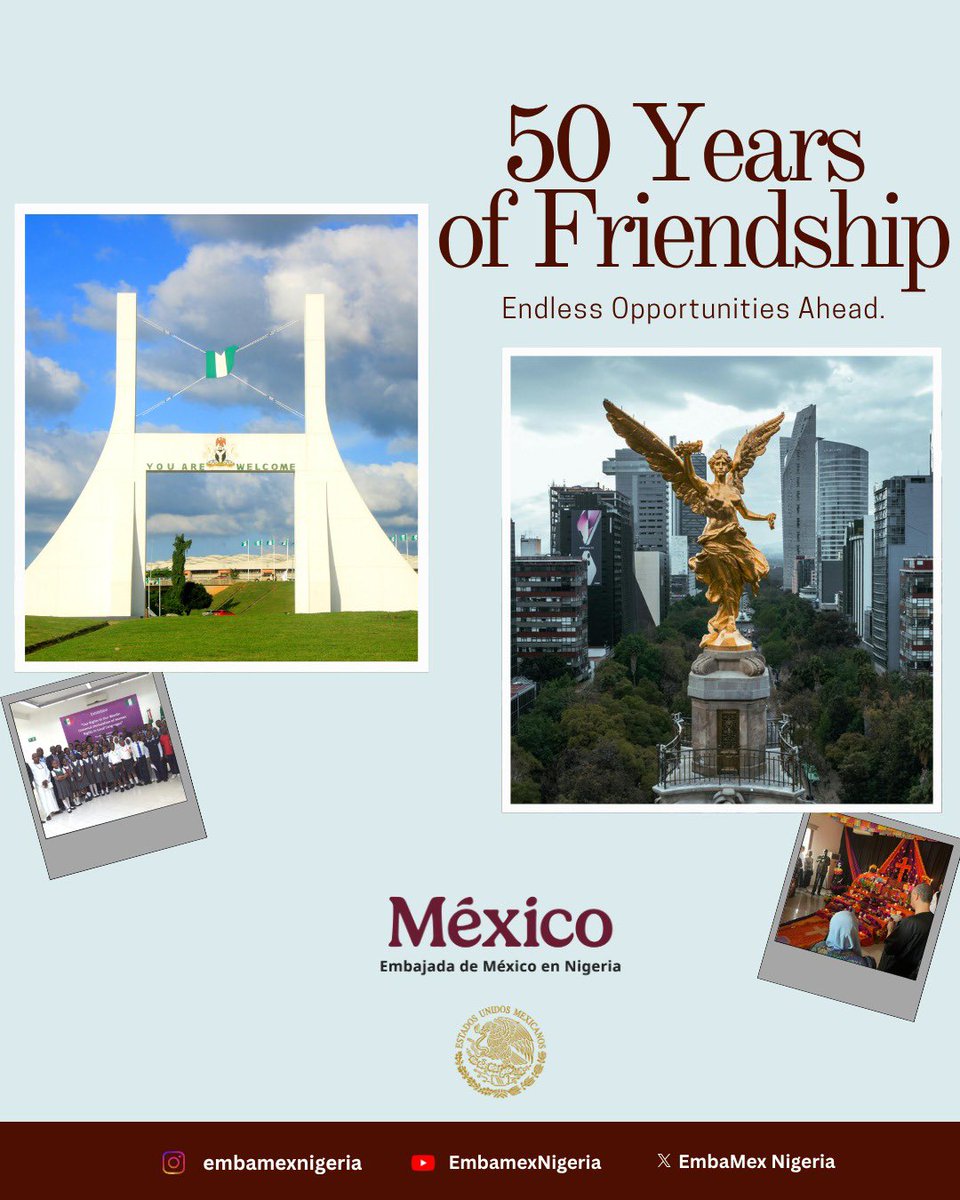 Celebrating 50 years of diplomatic relations between Mexico and Nigeria!!

Here’s to building stronger connections and a brighter future together. 

#diplomaticrelations #50yearsstrong #embamexnigeria #nigeriamexico