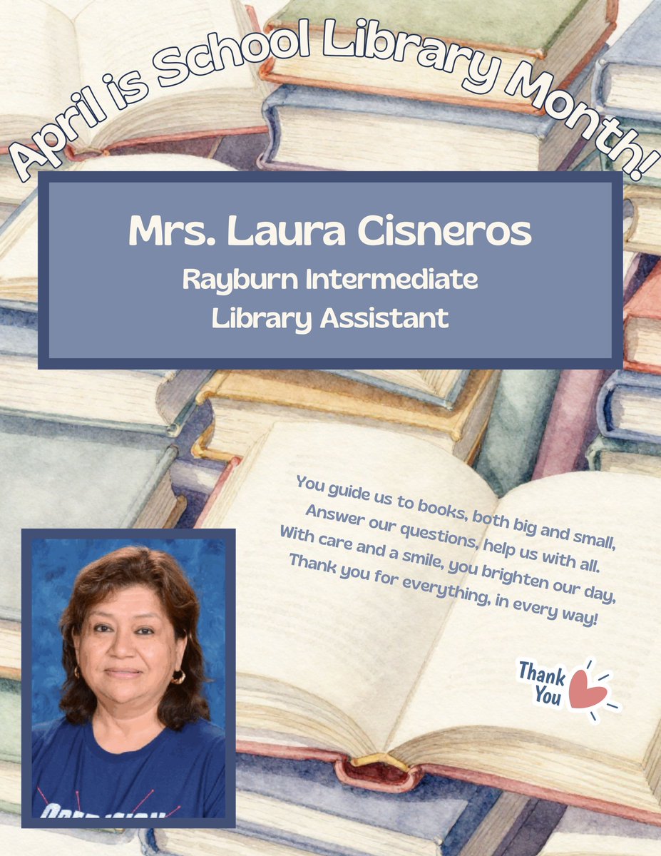 BISD_Libraries's tweet photo. April is School Library Month!  Thank you to Laura Cisneros Long Library Assistant, for all you do!  This month is for YOU! @BryanISD @BISD_ITech @BHS_library1 #CatchTheReadingBug #WhatAreYouReading @Rayburn_BISD @Bo_Ryberg https://t.co/GX9NfFQvSX