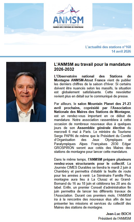 anmsm's tweet image. « L’ANMSM au travail pour la mandature 2026-2032 » retrouvez l'édito du Président @jl_boch et les dernières actualités des #stations dans la newsletter de l'@anmsm
👉 bit.ly/4emhzqI