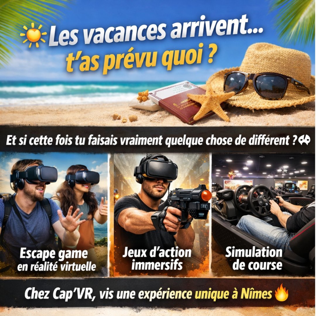CapVR30's tweet photo. 🔥 Les vacances approchent !

Tu cherches une activité originale à Nîmes ?
🎮 Réalité virtuelle
🧠 Escape game
🔫 Action

👉 Cap’VR t’attend
#VR #Nimes #Vacances https://t.co/bSbMelYobO
