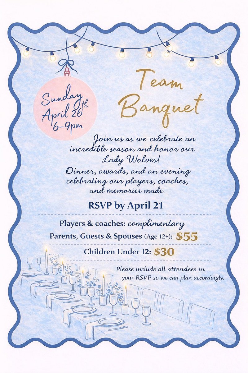 PWSH_Softball's tweet image. End of Season Banquet – April 26 🐺🥎

Celebrate our Lady Wolves with dinner, awards, and team memories.

📍 Prestonwood – Creek Clubhouse
🕕 6:00 doors | 6:30 dinner | 7:15 awards
🎟 RSVP by April 22 (required)

…anowestsoftball.membershiptoolkit.com/form/m/376606

#PWSoftball #LetsWolfinGo