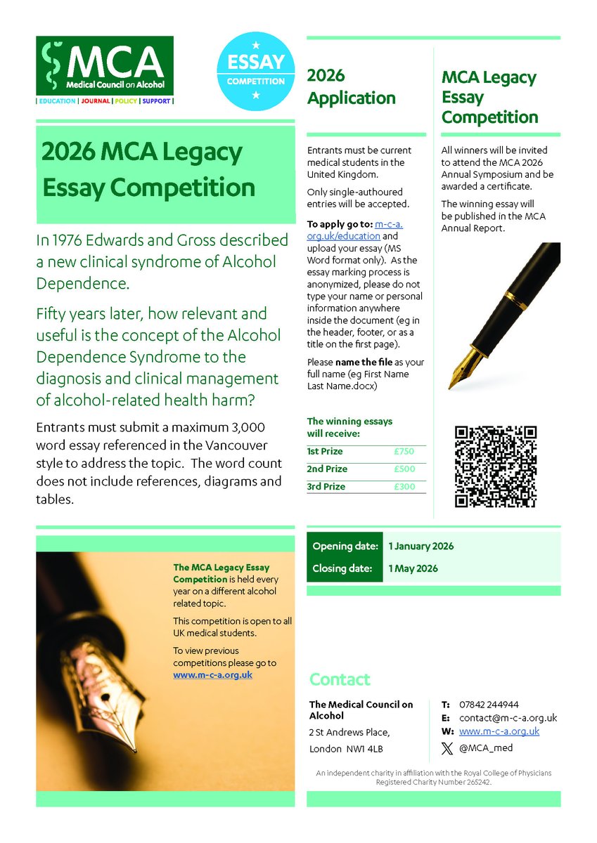 MCA_med's tweet photo. Calling all #UKMedStudents! 🩺

⏰You have until 1 May to submit your essay for the MCA 2026 Competition.

🏆 £750 Top Prize
📍 Topic: Alcohol-related health harm
Apply now: https://t.co/FmE84kg8D1
#MedStudentTwitter #MedicalSchool #MedEdUK https://t.co/C87eP9s7mF