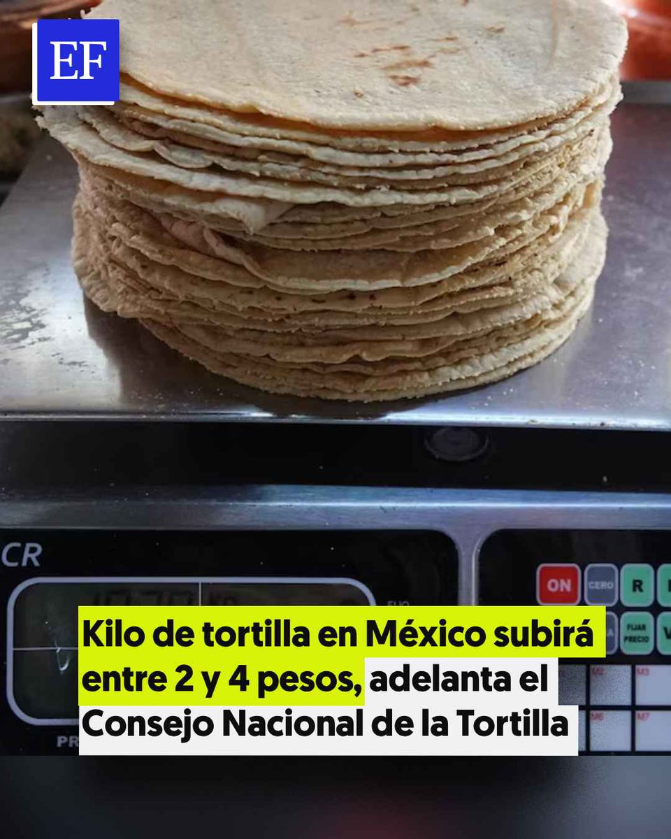 ElFinanciero_Mx's tweet image. 🌽🌮 El precio del kilo de tortilla en #México subirá entre dos y cuatro pesos en los próximos días, reveló el Consejo Nacional de la Tortilla

tinyurl.com/bdfckps3