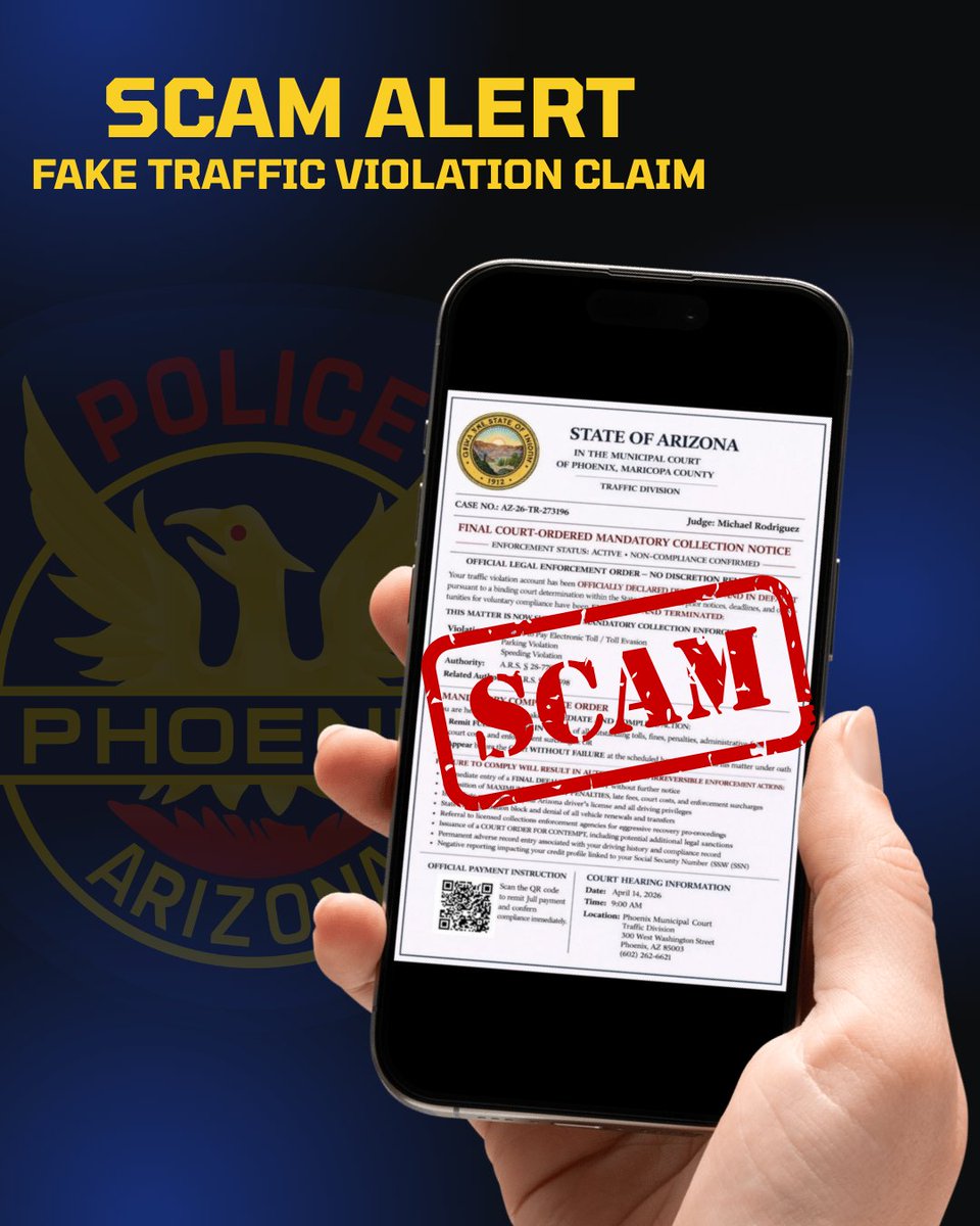 UPDATE: AZ Supreme Court warning about a scam traffic violation text image. If you receive this, DELETE IT.