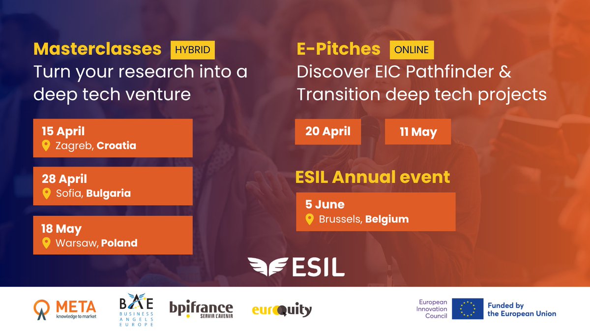 European_ESIL's tweet photo. Looking to connect with investors in early‑stage innovation? Explore upcoming ESIL events this spring 👇
🧑‍🏫 ESIL Masterclasses: https://t.co/u58gWJ5b4r
🤝 ESIL Matchmaking EIC Summit (June) - More details soon!
📌 ESIL Annual Event - 5 June, Brussels: https://t.co/QEeZu0Cu6V https://t.co/XySwEgLg6S