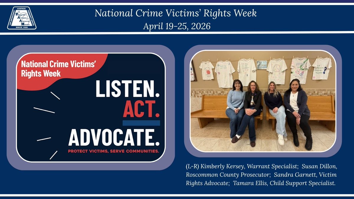 PAAM_83's tweet photo. Anticipating Crime Victims' Rights Week between April 19-25, staff at the Roscommon County Prosecutor's office participated in "The Clothesline Project" with their local women's shelter and hung t-shirts created by survivors outside their office in honor of crime victims. https://t.co/mz1UzJ7QmL