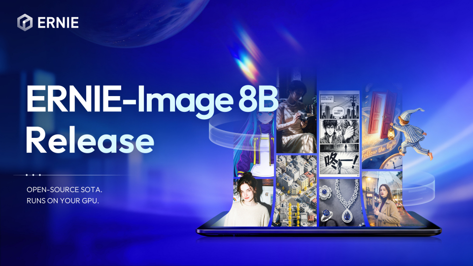 BaiduAI_News's tweet photo. Introducing ERNIE-Image — Our Open 8B Text-to-Image Model is Live!🚀

> Only 8B DiT params, #1 open weights model on GenEval, OneIG, & LongTextBench
> Precise text rendering in English, Chinese, and more
> Complex instruction following & multi-object control
> Posters, manga, multi-panel layouts with structural coherence
> Broad styles: photography, cinematic tones, graphic design, and more
> Easy to deploy: Runs on 24GB VRAM

Start creating with ERNIE-Image 👇
🤗 Model:
> ERNIE-Image https://t.co/nyooKMlEtk
> ERNIE-Image-Turbo https://t.co/HJz4JvjpSE
📝 Blog: https://t.co/rXGMIVJ401
🖥️ Demo: https://t.co/oiBsdnVfsS
🔧 Github: https://t.co/7GcCmebaYW
👾 Discord: https://t.co/jZvsNhOb83