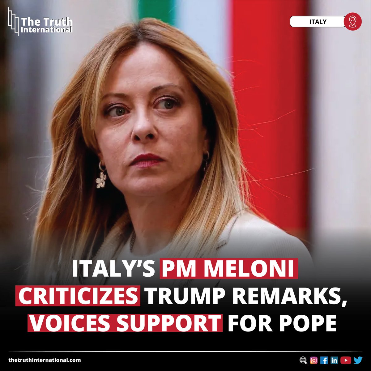 ttimagazine's tweet image. Italy’s PM Meloni Criticizes Trump Remarks, Voices Support for Pope

FIND MORE: thetruthinternational.com/italys-pm-melo…

#ItalyPM #GiorgiaMeloni #Criticizes #USPresident #DonaldTrump #Remarks #Voices #Support #Pope #TTI