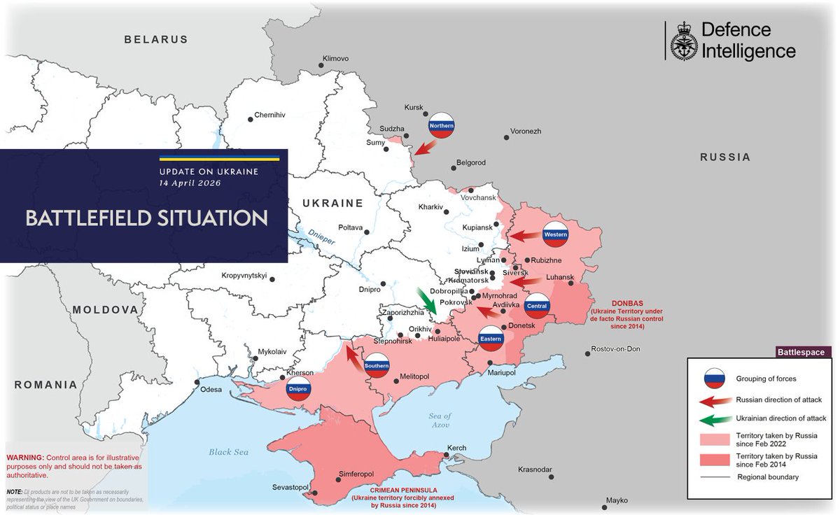 DefenceHQ's tweet image. The illegal and unprovoked invasion of Ukraine is continuing.

The map below is the latest Defence Intelligence update on the situation in Ukraine – 14 April 2026.

#StandWithUkraine