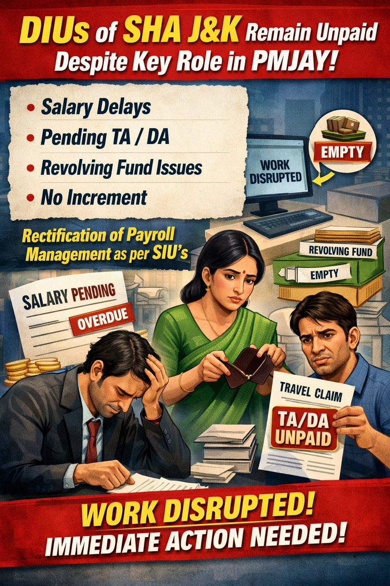 Zaidbinarif491's tweet photo. DIUs of SHA J&amp;K remain unpaid despite key role in PMJAY.
1 Salary delays
2 Pending TA/DA
3 Revolving fund issues
4 No increment
5 Rectification of Payroll Management as per SIU's
This is disrupting work. Immediate action needed. https://t.co/QqDwEMMALv