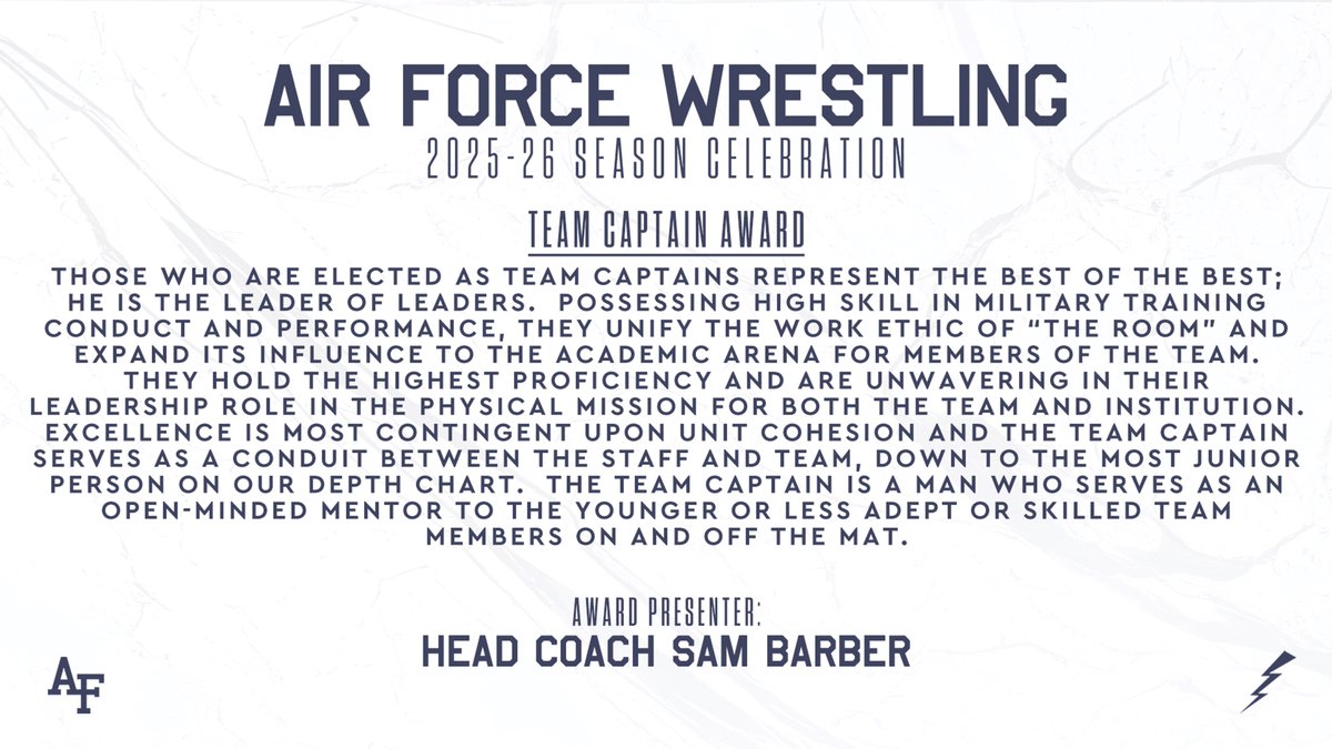 AF_Wrestle's tweet photo. This Tuesday, we recognize our Team Captain Award—honoring those who lead from the front, unify the team, and uphold the highest standards.
Our 2025–26 captains: C1C Tucker Owens and C1C Bryce Shelton.
#BandOfBirds
#DoHardThings
#MissionFirst https://t.co/t7rKj47ta5