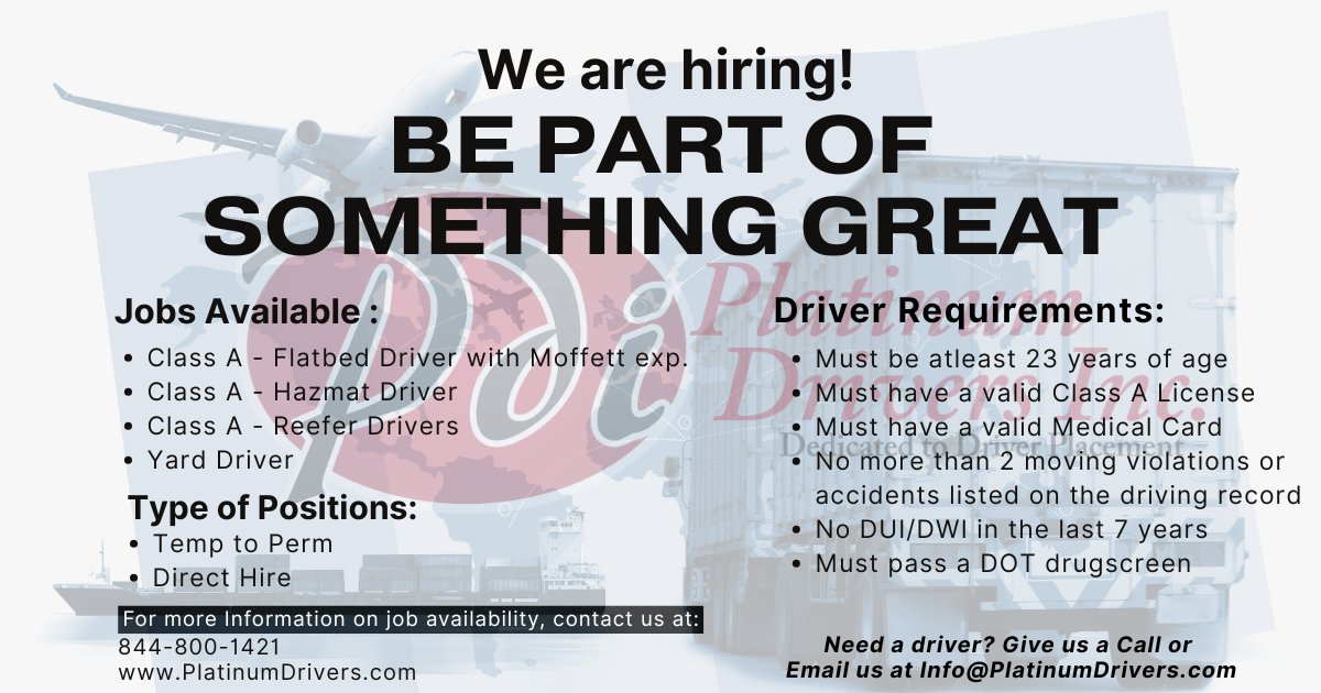 PlatinumDrivers's tweet photo. Platinum Drivers is looking for top-tier talent to join our team. If you’re a professional driver looking for a company that treats you like a partner, you’re in the right place.

Apply today at https://t.co/pK0qf8NabU

#Hiring #jobs #truckdriver #NowHiring https://t.co/NS0yEkx3ks