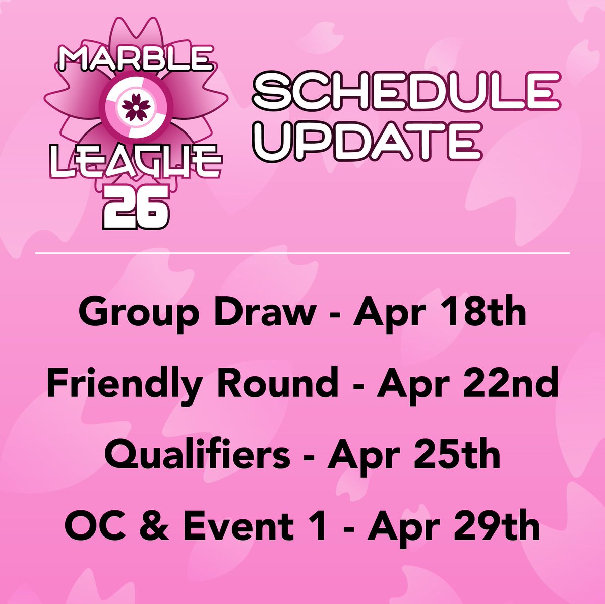 Jellesmarbles's tweet image. 🌸 ML26 First dates reveal 🌸

We are proud to announce that Marble League 2026 is officially starting! Check out these dates for the first 4 events and when they'll be going live 🎉

Stay tuned for future updates, we hope to see you there!