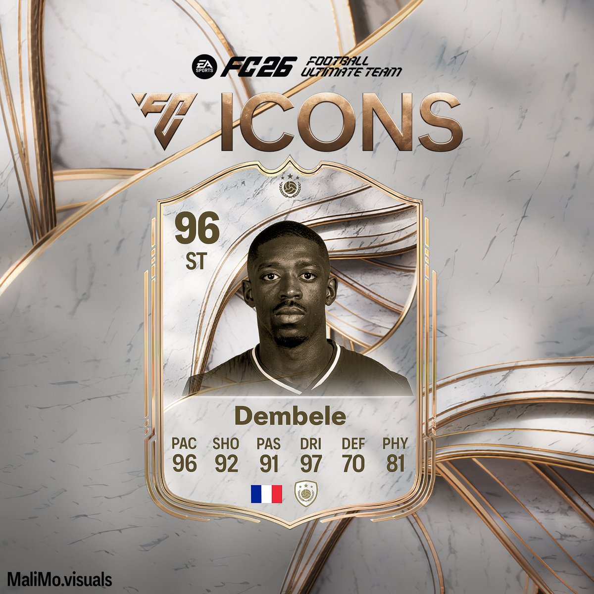 Mali_Mo88's tweet photo. FC 26 ICONS concept cards look unreal 🤯🔥 Dembele (96), Saka (93) &amp; Carvajal (92) could dominate Ultimate Team with insane pace, dribbling &amp; defense. Are these the most OP ICON predictions yet? 👀⚽ #FC26 #FUT26 #EAFC #UltimateTeam #Gaming https://t.co/5x4aMD8Eel