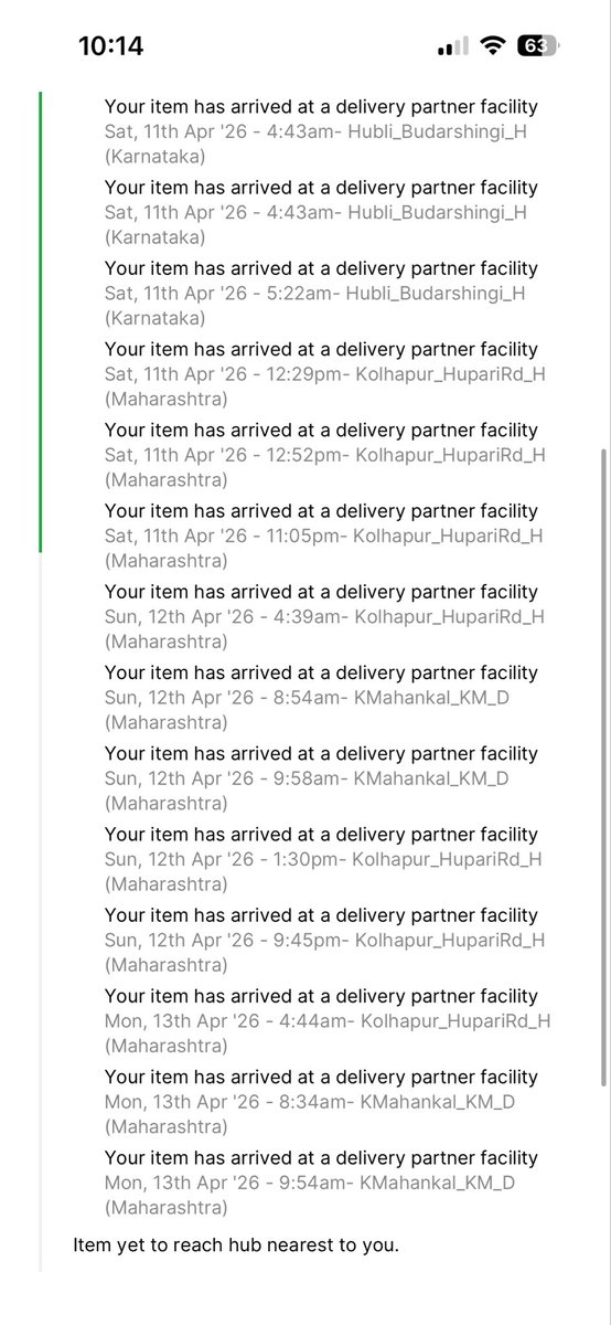 VaibhavCsm's tweet photo. @Abhinavstwt its just travelling between two places without attempting delivery. https://t.co/ILdJqQK6MY