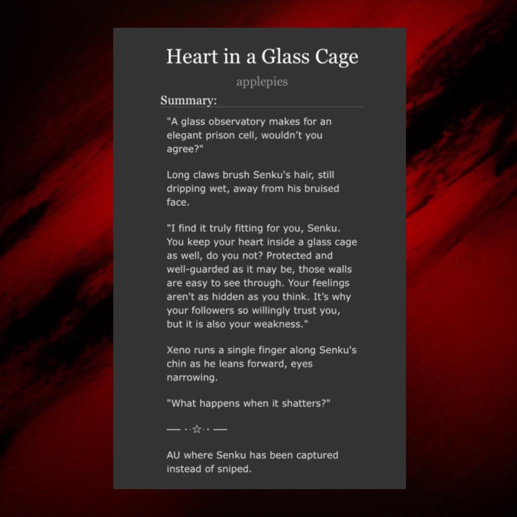 appleluvsmikey's tweet photo. ⟡ Heart in a Glass Cage ⟡

AU where Senku has been captured instead of sniped.

NSFW xensen; dubcon
#xensen  
🔗 in replies https://t.co/StphXq6sCi