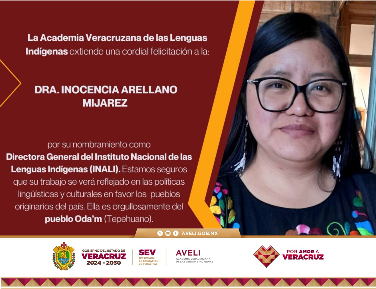 AVELIgobmx's tweet photo. La @AVELIgobmx extiende una cordial felicitación a la Dra. Inocencia Arellano Mijares, por su desiganción como Directora General del @INALIMEXICO

¡Enhorabuena, muchas felicidaes! #LenguasIndígenas #PueblosIndígenas #AVELI #INALI https://t.co/cjauAacPQh