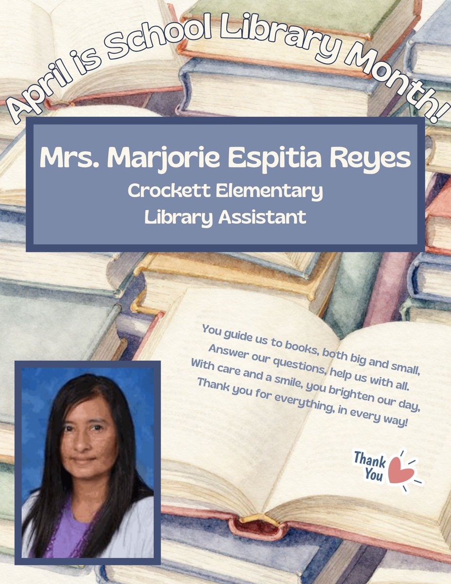 BISD_Libraries's tweet photo. April is School Library Month!  Thank you to Marjorie Reyes, Crockett Elementary Library Assistant, for all you do!  This month is for YOU!
@BryanISD @BISD_ITech #CatchTheReadingBug #WhatAreYouReading @Crockett_BISD @1CrockettRocket https://t.co/ayglmD1nud
