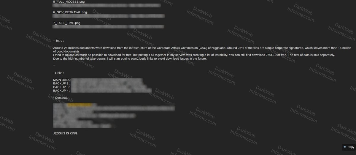 DarkWebInformer's tweet image. ‼️🇳🇬 Approximately 25 million documents have allegedly been exfiltrated from the infrastructure of the Corporate Affairs Commission (CAC) of Nigeria, the government agency responsible for company registrations.

‣ Threat Actor: ByteToBreach
‣ Category: Data Breach
‣ Victim: